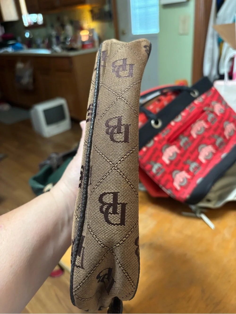 Dooney & Bourke Brown Monogram Shoulder Bag with Green Charm